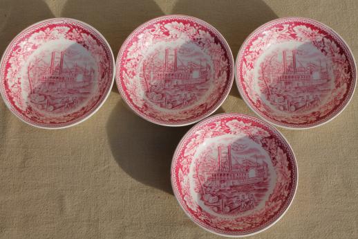 photo of vintage Homer Laughlin red transferware china Currier & Ives Mississippi steamboat bowls #4