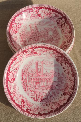 photo of vintage Homer Laughlin red transferware china Currier & Ives Mississippi steamboat bowls #1