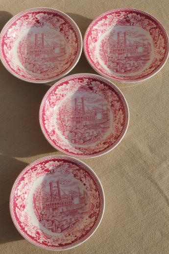 photo of vintage Homer Laughlin red transferware china Currier & Ives Mississippi steamboat bowls #3