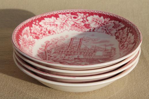 photo of vintage Homer Laughlin red transferware china Currier & Ives Mississippi steamboat bowls #4