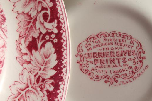 photo of vintage Homer Laughlin red transferware china Currier & Ives Mississippi steamboat bowls #6