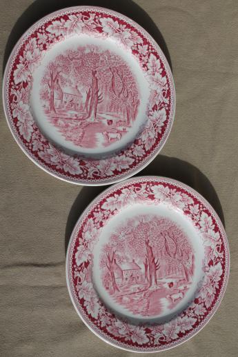 photo of vintage Homer Laughlin red transferware china dinner plates Currier & Ives Home Sweet Home #1