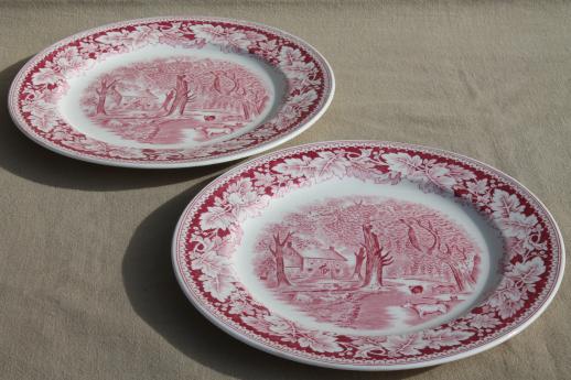 photo of vintage Homer Laughlin red transferware china dinner plates Currier & Ives Home Sweet Home #2