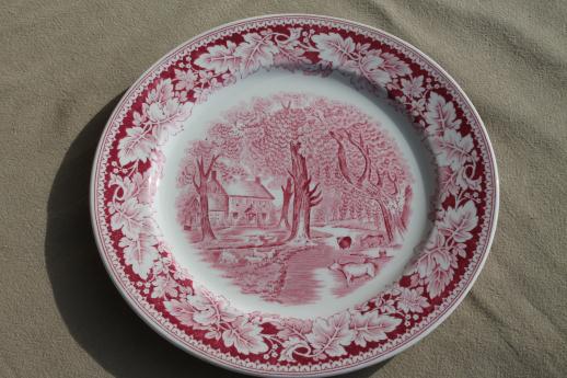photo of vintage Homer Laughlin red transferware china dinner plates Currier & Ives Home Sweet Home #3