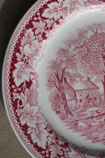 photo of vintage Homer Laughlin red transferware china dinner plates Currier & Ives Home Sweet Home #4