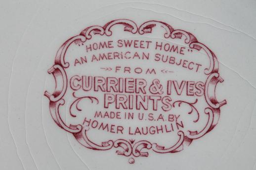 photo of vintage Homer Laughlin red transferware china dinner plates Currier & Ives Home Sweet Home #6