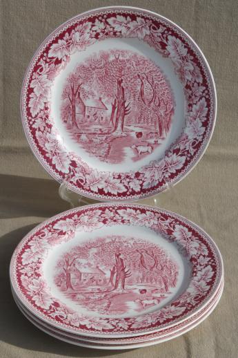 photo of vintage Homer Laughlin red transferware china dinner plates Currier & Ives Home Sweet Home #1