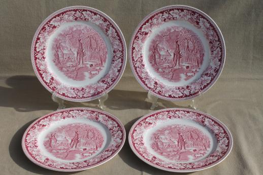 photo of vintage Homer Laughlin red transferware china dinner plates Currier & Ives Home Sweet Home #2