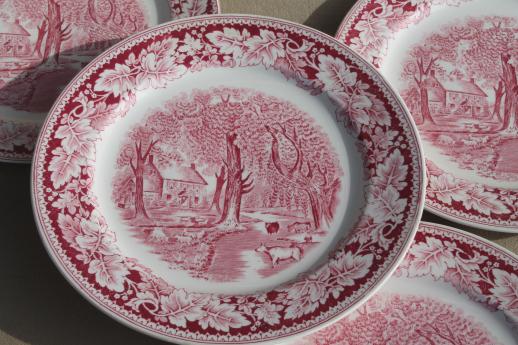 photo of vintage Homer Laughlin red transferware china dinner plates Currier & Ives Home Sweet Home #3