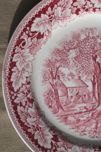 photo of vintage Homer Laughlin red transferware china dinner plates Currier & Ives Home Sweet Home #5