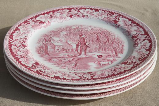 photo of vintage Homer Laughlin red transferware china dinner plates Currier & Ives Home Sweet Home #8