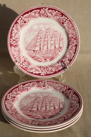 photo of vintage Homer Laughlin red transferware china plates Currier & Ives Clipper Ship #1