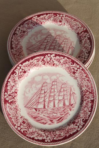 photo of vintage Homer Laughlin red transferware china plates Currier & Ives Clipper Ship #2