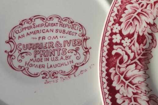 photo of vintage Homer Laughlin red transferware china plates Currier & Ives Clipper Ship #6