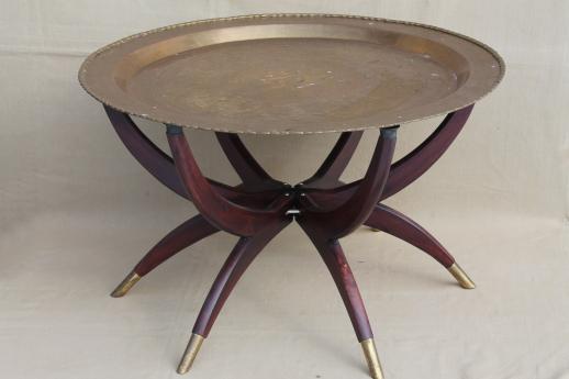 photo of vintage Hong Kong brass tray table, folding wood stand w/ removable round brass tray top #1