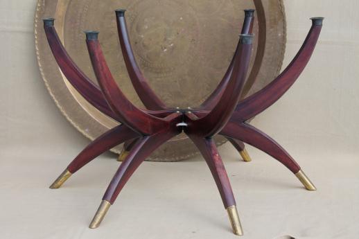 photo of vintage Hong Kong brass tray table, folding wood stand w/ removable round brass tray top #9