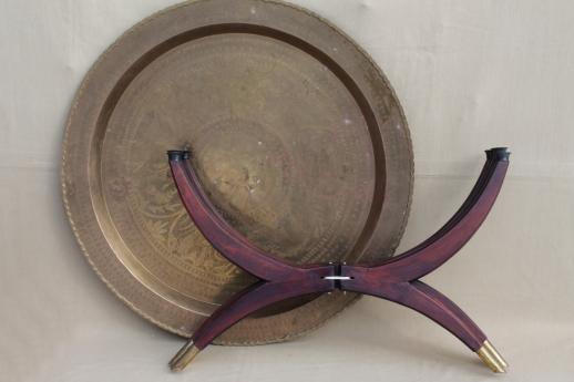 photo of vintage Hong Kong brass tray table, folding wood stand w/ removable round brass tray top #10