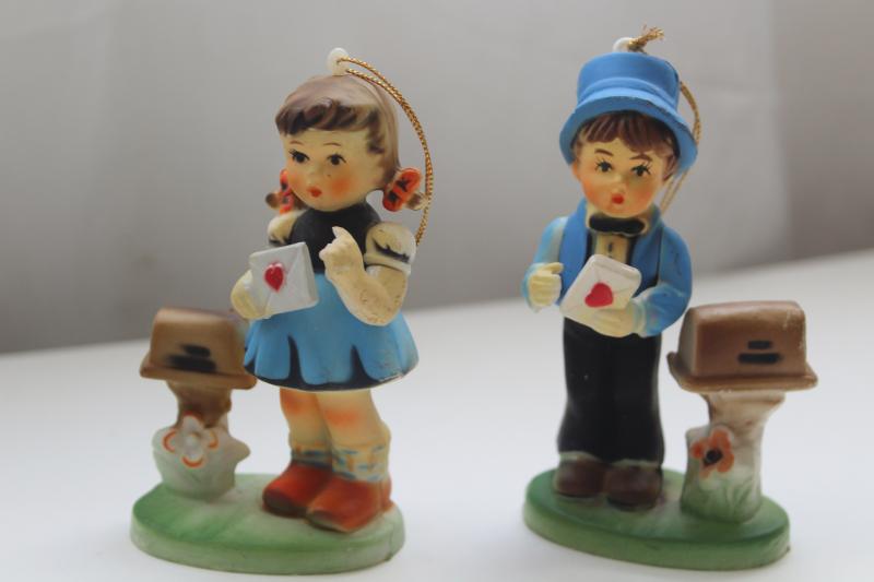 photo of vintage Hong Kong plastic figurines, Hummels Valentine children, bus stop girl & boy #2