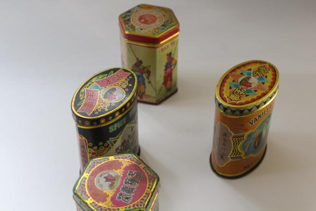 photo of vintage Hong Kong tea tins w/ colorful graphics, orange, vanilla, spice boxes #2