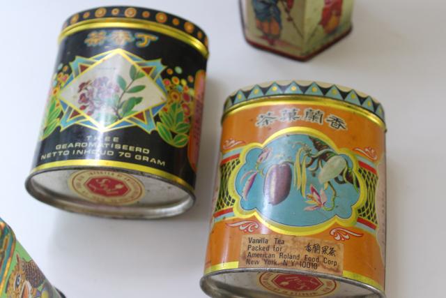 photo of vintage Hong Kong tea tins w/ colorful graphics, orange, vanilla, spice boxes #3