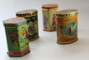 catalog photo of vintage Hong Kong tea tins w/ colorful graphics, orange, vanilla, spice boxes