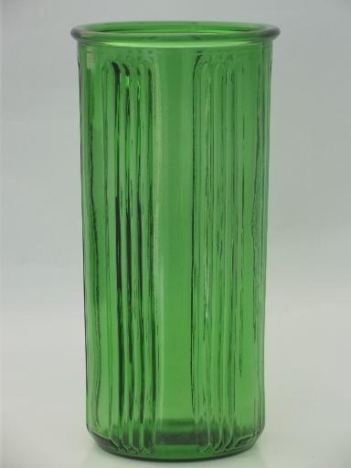 photo of vintage Hoosier glass canister or vase, tall ribbed green glass jar #1