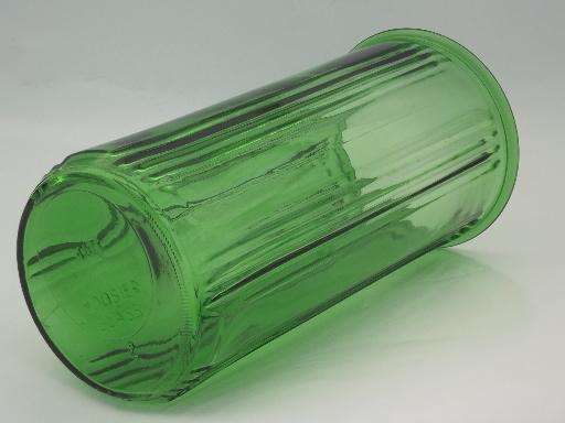 photo of vintage Hoosier glass canister or vase, tall ribbed green glass jar #2