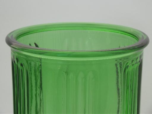 photo of vintage Hoosier glass canister or vase, tall ribbed green glass jar #5