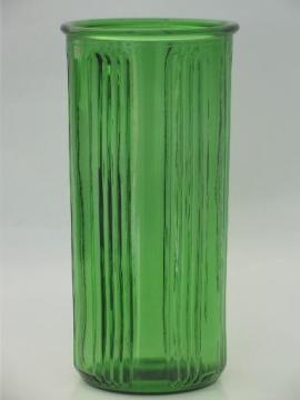 catalog photo of vintage Hoosier glass canister or vase, tall ribbed green glass jar