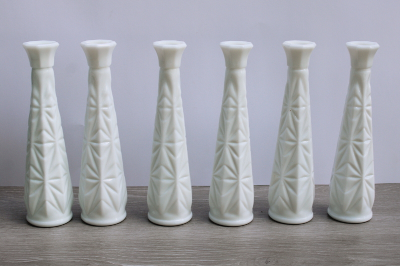 photo of vintage Hoosier milk glass vases, cut pattern glass tall bud vase matching set of 6  #1