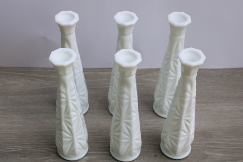 photo of vintage Hoosier milk glass vases, cut pattern glass tall bud vase matching set of 6  #2