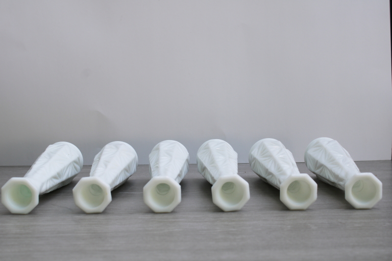 photo of vintage Hoosier milk glass vases, cut pattern glass tall bud vase matching set of 6  #3