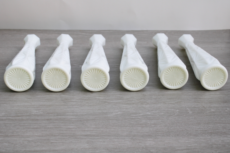 photo of vintage Hoosier milk glass vases, cut pattern glass tall bud vase matching set of 6  #4