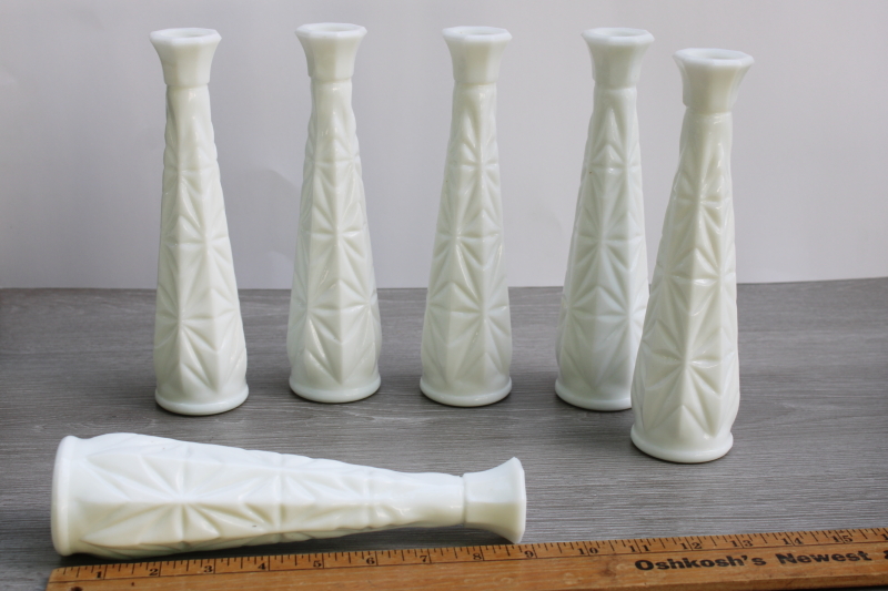 photo of vintage Hoosier milk glass vases, cut pattern glass tall bud vase matching set of 6  #6