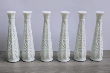 catalog photo of vintage Hoosier milk glass vases, cut pattern glass tall bud vase matching set of 6 