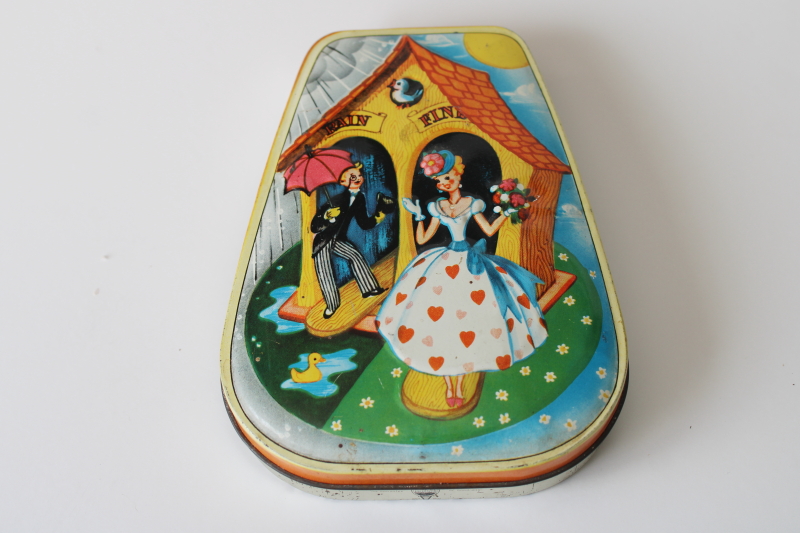 photo of vintage Horner toffee tin, small candy container w/ weather house boy & girl print  #1