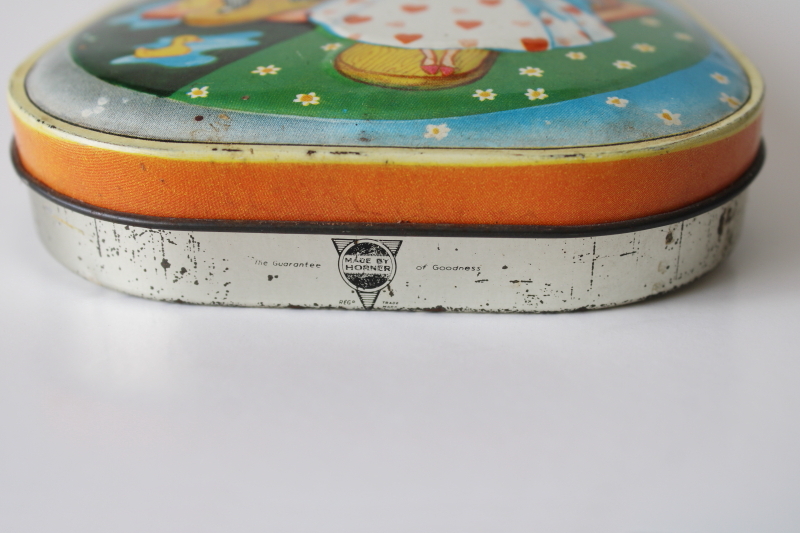 photo of vintage Horner toffee tin, small candy container w/ weather house boy & girl print  #2