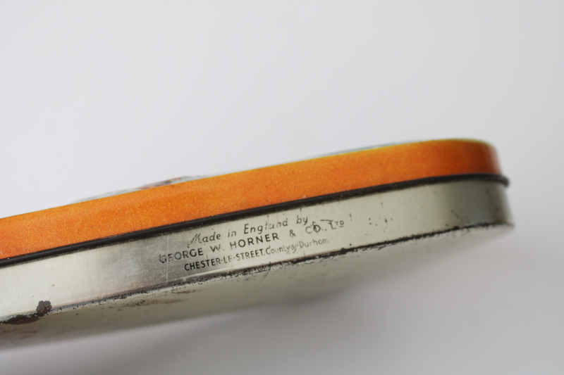 photo of vintage Horner toffee tin, small candy container w/ weather house boy & girl print  #3