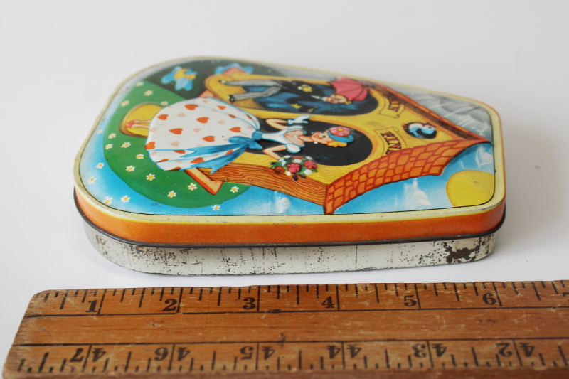 photo of vintage Horner toffee tin, small candy container w/ weather house boy & girl print  #5