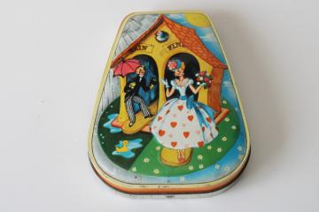 vintage Horner toffee tin, small candy container w/ weather house boy & girl print 