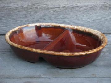 catalog photo of vintage Hull Oven Proof brown drip pottery, divided oval serving bowl