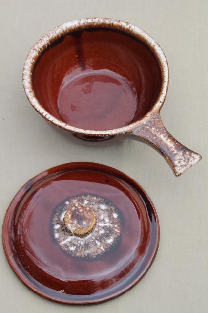 photo of vintage Hull Oven Proof brown drip pottery stick handle casserole w/ lid #3