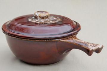 catalog photo of vintage Hull Oven Proof brown drip pottery stick handle casserole w/ lid