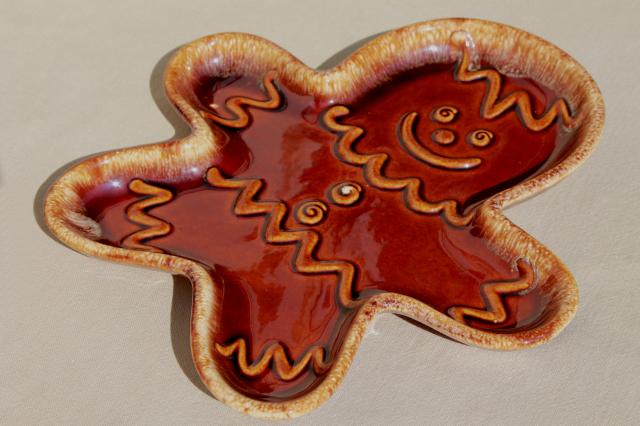 photo of vintage Hull brown drip glaze pottery Gingerbread man holiday cookie shape plate or serving tray #1