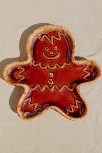 photo of vintage Hull brown drip glaze pottery Gingerbread man holiday cookie shape plate or serving tray #2