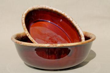 catalog photo of vintage Hull brown drip oven proof pottery, large round mixing bowl & oval dish