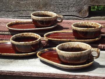 catalog photo of vintage Hull brown drip pottery, soup and sandwich snack sets, mugs and trays