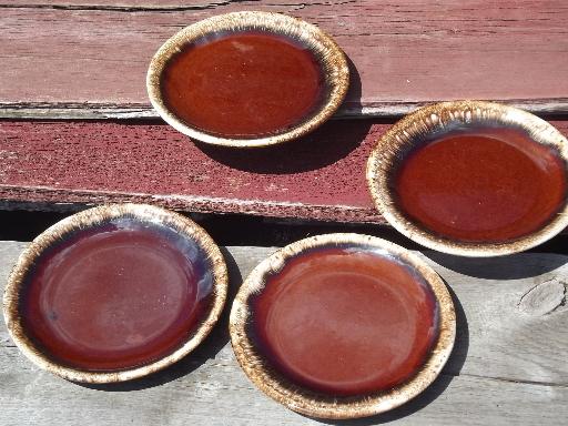 photo of vintage Hull mirror brown drip pottery, oven proof plates set of 4 #1