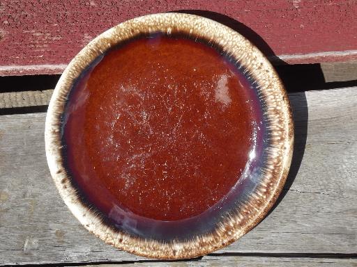 photo of vintage Hull mirror brown drip pottery, oven proof plates set of 4 #2