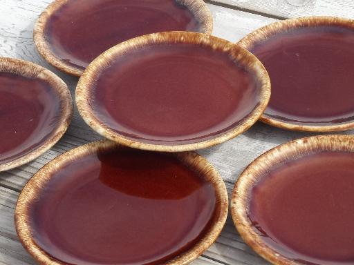photo of vintage Hull oven proof pottery sandwich plates set, brown drip ring pattern #1
